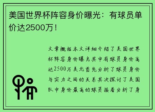 美国世界杯阵容身价曝光：有球员单价达2500万！